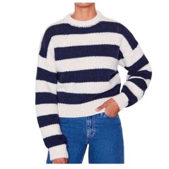 Frame Oversized Crewneck Sweater Women’s Navy Striped Size Small - Picture 2 of 10